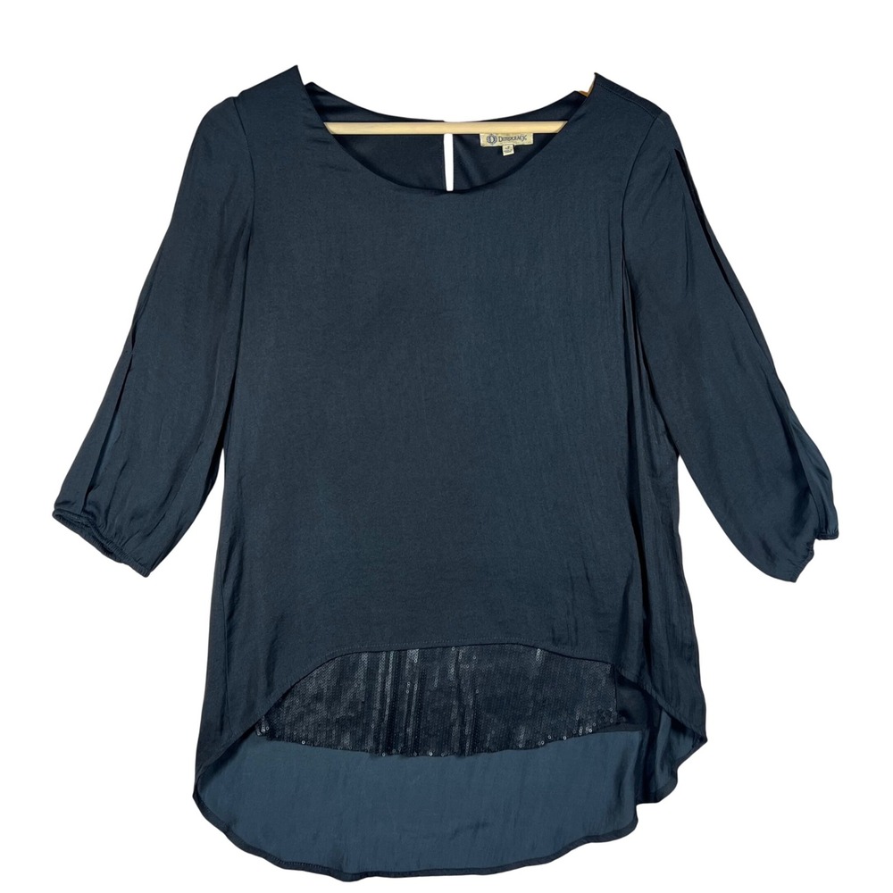 Democracy Black Sequin High Low Small Tunic‎ Top 3/4 Sleeve Women's Whimsigoth